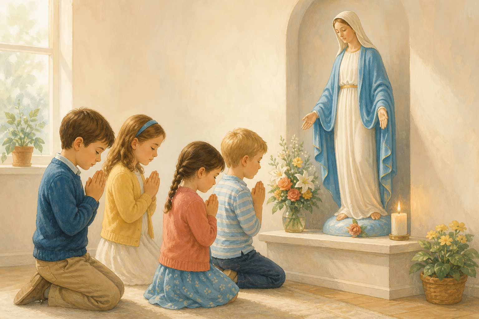 Enfants en prière devant la Sainte Vierge