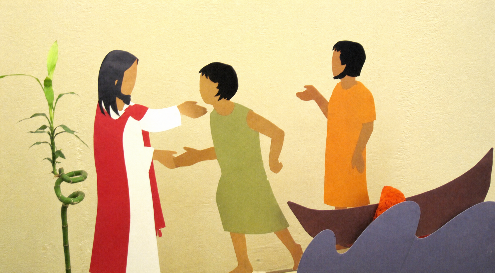 Scène illustrée de Jésus et des enfants, utilisée pour le caté Notre-Dame de Vie