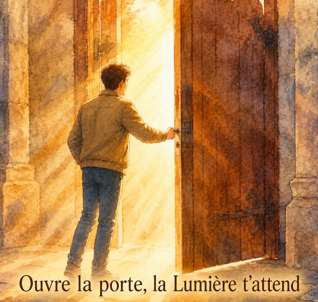 Une personne pousse la porte d’une église ouverte sur la lumière.